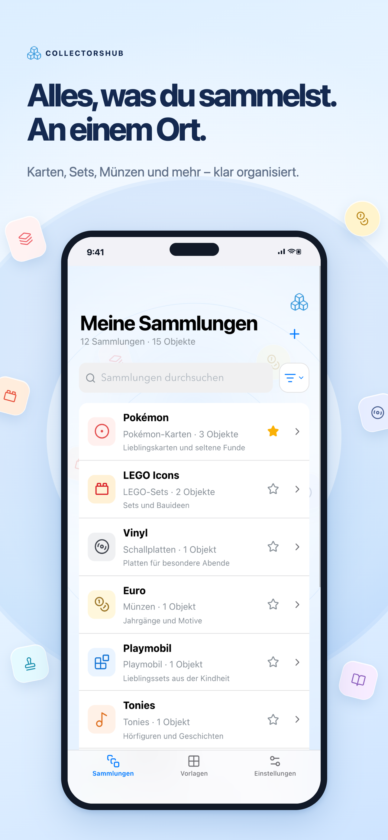 CollectorsHub auf dem iPhone mit Sammlungen für Pokémon, LEGO, Playmobil, Vinyl und Münzen
