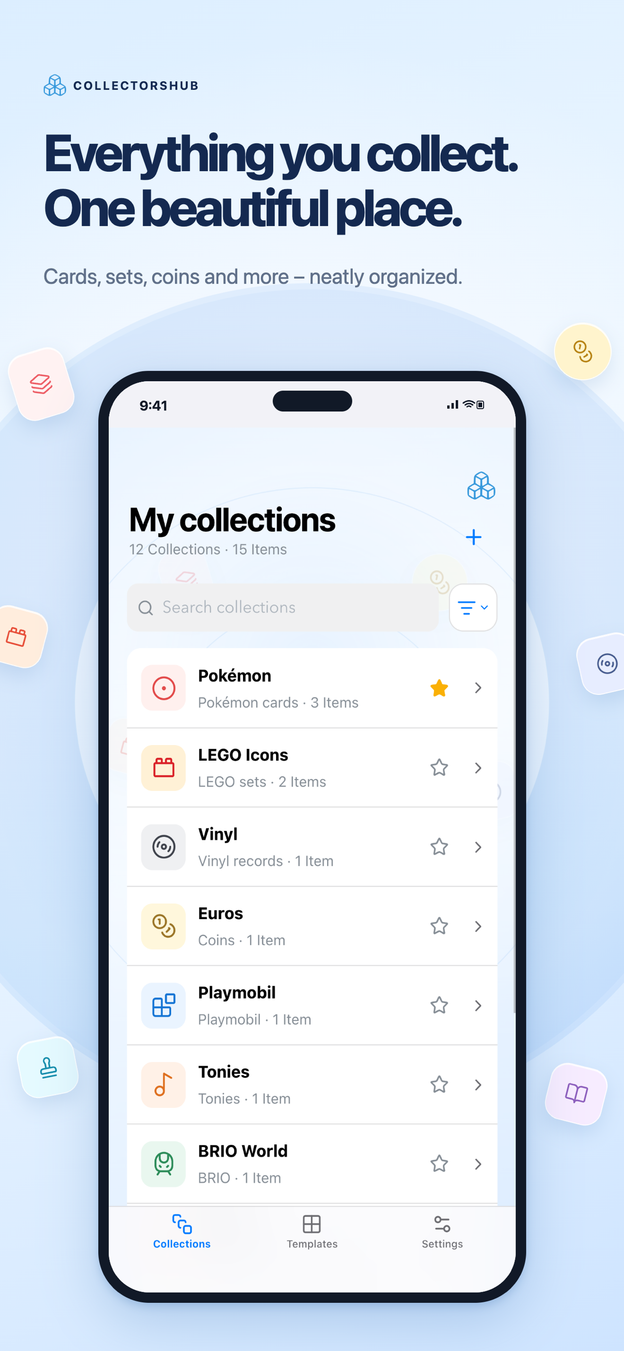 CollectorsHub on iPhone with collections for Pokémon, LEGO, Playmobil, vinyl and coins